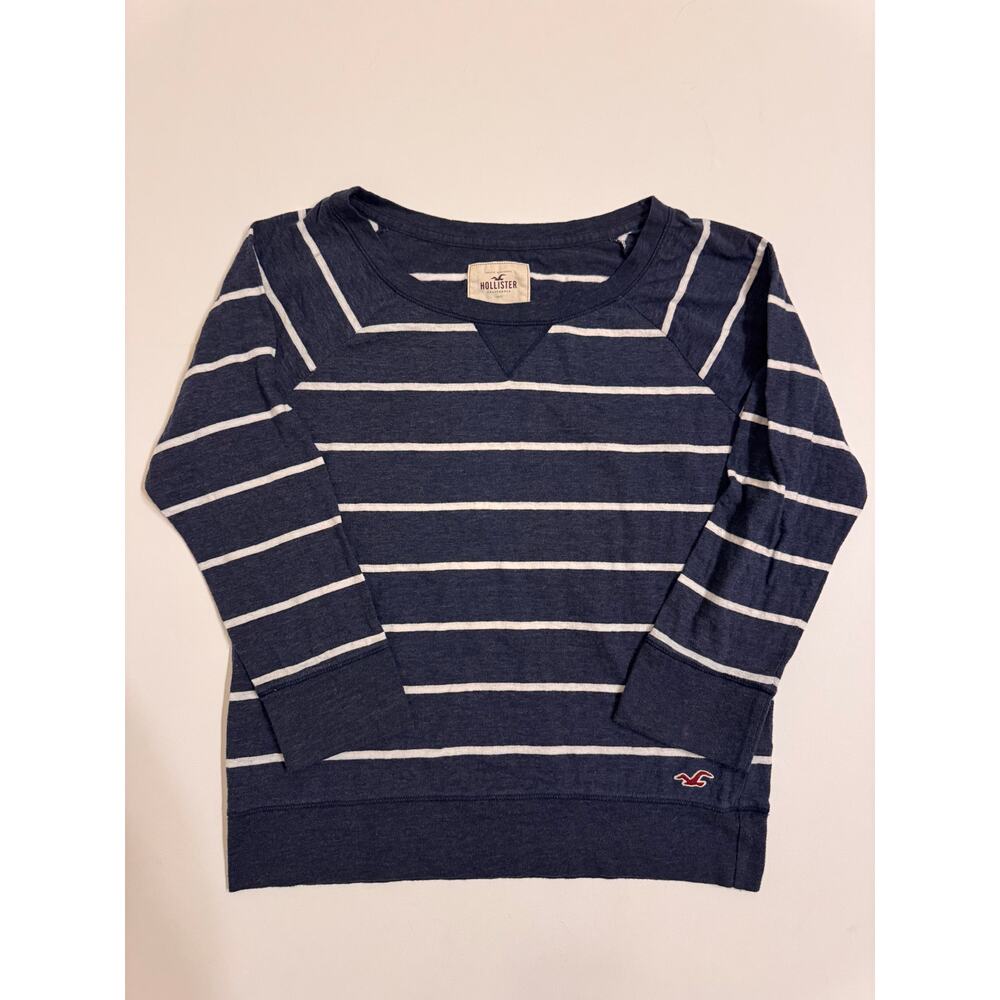 Hollister Women's Blue/White Striped Boat Neck T-Shirt Size L Long Sleeve Y2K